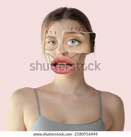 Contemporary art collage. Young woman with drawn lines on face preparing for plastic surgery, beauty injections. Concept of beauty treatment, plastic surgery, medicine, clinical cosmetology, ad Royalty-Free Stock Photo #2180956449