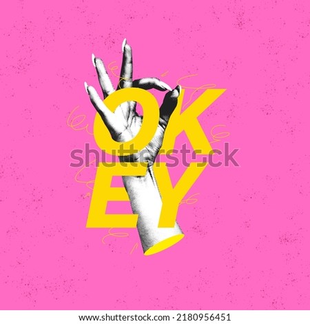 Creative colorful design with female hand showing OK gesture isolated on pink background. Trendy collage in magazine urban style. Contemporary art. Modern design. Okey hand sign. Concept of creativity Royalty-Free Stock Photo #2180956451