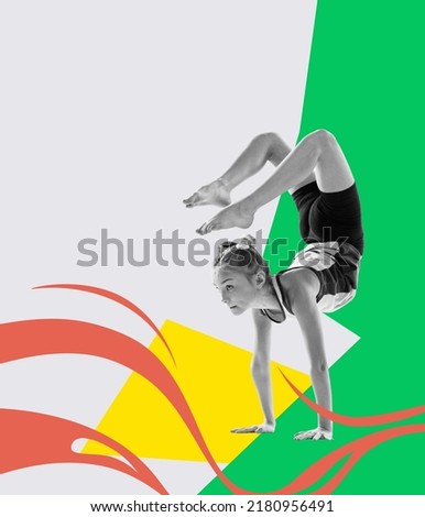 Kids in sport. Contemporary art collage with flexible beautiful little girl, gymnastics artist doing stretching exercises isolated on colorful abstract background. Grace in motion, action. Modern