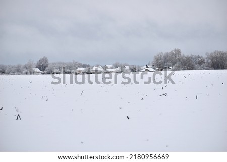 The picture shows a field covered with thick snow and a village on the horizon.