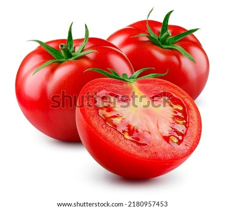 Tomatoes isolated. Tomato on white background. Tomatoes and a half side view. With clipping path. Full depth of field. Royalty-Free Stock Photo #2180957453