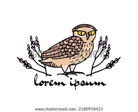 Vector card with hand drawn cartoon owl in floral blooming laurel. Ink drawing, decorative graphic style. Beautiful animal design elements, logo template