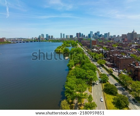Boston financial district modern city skyline aerial view with Charles River, Beacon Hill historic district and Charles River Esplanade in Boston, Massachusetts MA, USA. 
