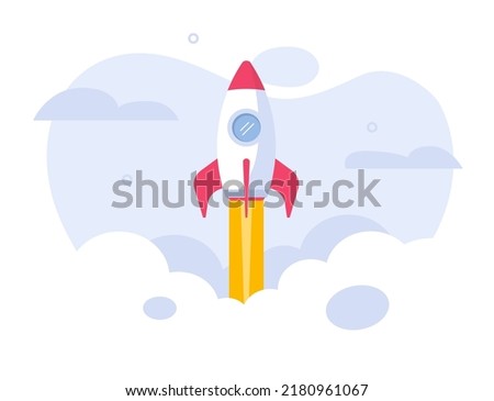 Rocket launch vector image as start up project or spaceship flight off flat speed as boost product growth idea flat cartoon modern graphic illustration with clouds smoke concept simple design