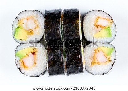 A top view of sushi nigiri, maki, sashimi rolls isolated on a white background