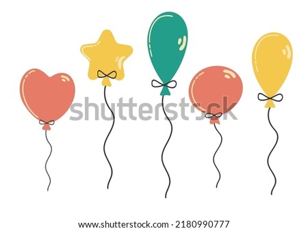 Set of different shapes colorful balloons. Hand drawn doodle collection isolated on white. Birthday Party. Vector illustration.