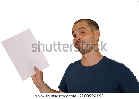 average looking white short haired man posing with a blank sheet of paper , isolated background