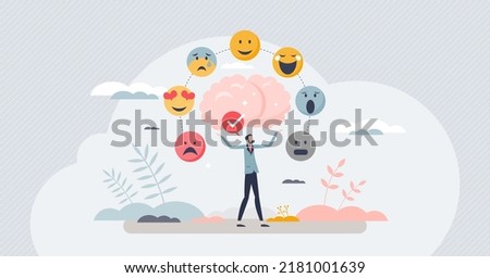 Emotion regulation with emotional intelligence control tiny person concept. Psychological feelings and mental mindset variation from sad to happy vector illustration. Ability to influence expressions. Royalty-Free Stock Photo #2181001639