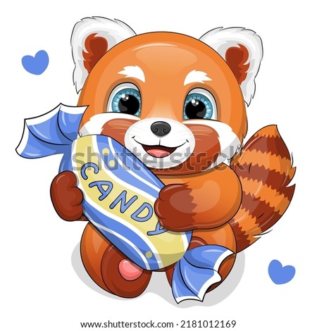 A cute cartoon red panda is holding a blue candy. Vector illustration of an animal on a white background.