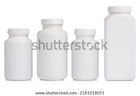 Blank plastic bottles with supplements or medication isolated on white background Royalty-Free Stock Photo #2181018051