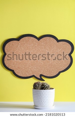 plant with blank sign on yellow background. copy space for text, advertisement, presentation. New ideas, creativity and think out of the box concept. 