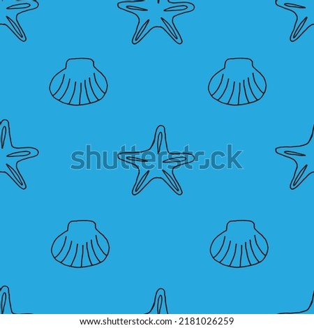 Seamless pattern with starfish and sea shell drawn with black marker on blue paper. Summer background with starfish and seashells. Vacation concept.