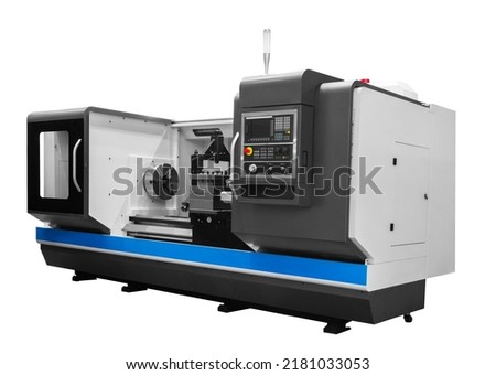 Manufacturing professional lathe machine . Industrial concept. Programmable modern digital lathe with digital program control, turret type blade holder Royalty-Free Stock Photo #2181033053