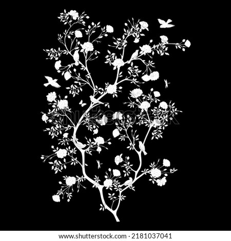 Camellia blossom tree With sparrow, finches, butterflies, dragonflies. Clip art, element for design Vector illustration. In botanical style
