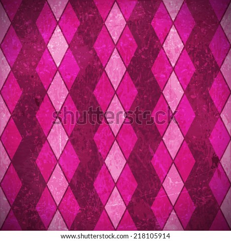 Geometric pattern made of rhombuses in various bright pink, purple, magenta colors overlaid with grunge elements and scratches to give it an aged and distressed feeling.