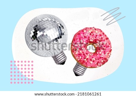 Creative photo artwork collage of pink donut disco ball standing instead of lamp bulb isolated white blue color background