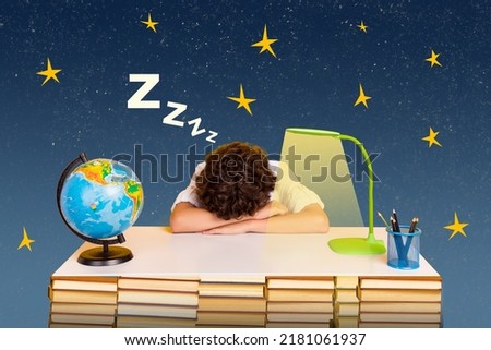 Collage picture of sleeping exhausted boy desktop isolated on painted creative night sky stars background