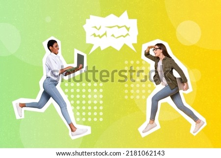 Photo artwork minimal collage of funny funky ladies typing modern devices running isolated image background