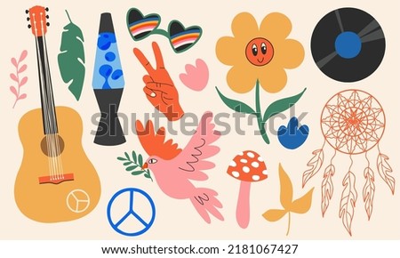 Big set of cool 70s retro elements, cute funky hippie stickers. Cartoon chamomile flowers, guitar, peace sign, dove, glasses, lavender lamp, gesture, music record, dream catcher, fly agaric.