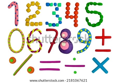 a set of 3d plasticine numbers and mathematical signs, symbols. mathematics for children. funny colored numbers, equal, multiply, divide