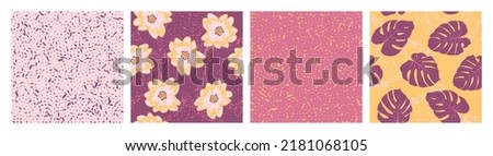 Floral seamless pattern with grain texture vector collection. Botanical design of frangipani and exotic monstera leaves. Modern set of patterns with grain texture, flowers, foliage. Wallpapers Royalty-Free Stock Photo #2181068105