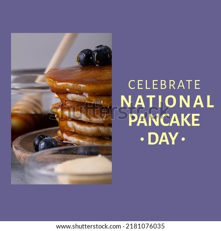 Square image of pancake day text and pancakes with berries over purple background. National pancake day concept.