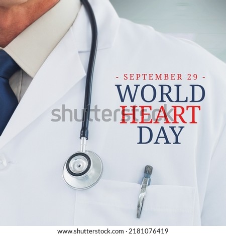 Square image of world heart day text over caucasian doctor using stethoscope. Healthcare and medicine, world heart day campaign. Royalty-Free Stock Photo #2181076419