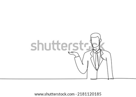 Drawing of young man holding copyspace imaginary on the palm to insert an ad. Single line art style
