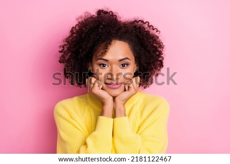 Photo of adorable good looking female relaxing spend free time enjoy comfy pullover isolated on pink color background