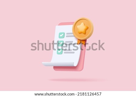 3d certificate or award icon with stamp and ribbon bow quality concept. 3d white clipboard task management todo check list with stamp, work on project plan concept. 3d vector render on pink background