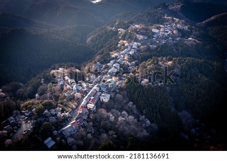 Historic Yoshino Town in Nara, Aerial View During Spring Hanami Season