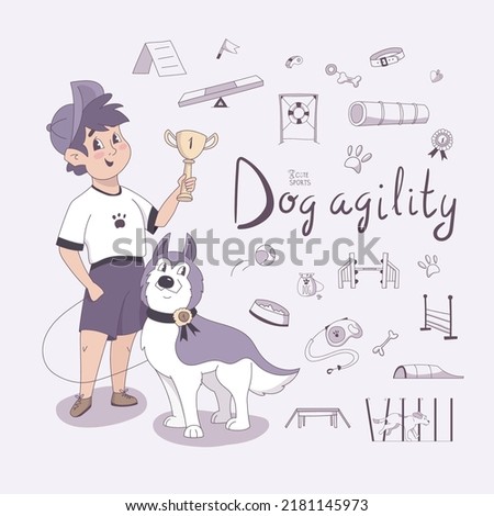 Dog agility. Cute sports. Vector alphabet set with characters and line icons. Hand-drawn illustration for graphic design and presentations.