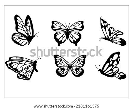 Set of Butterfly Black And White Illustration White Background 