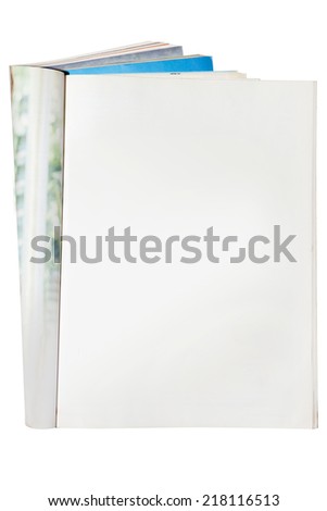 Open blank magazine isolated on white. Royalty-Free Stock Photo #218116513
