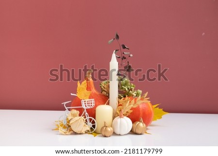 Autumn composition. Dried leaves, pumpkins and candles on white pink background. Autumn fall and thanksgiving day concept. Still life.