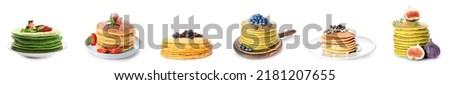 Set of sweet pancakes on white background