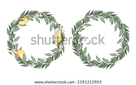 Watercolor hand drawn wreath with lemons, citrus flowers and branches. Perfect for invitation and social media