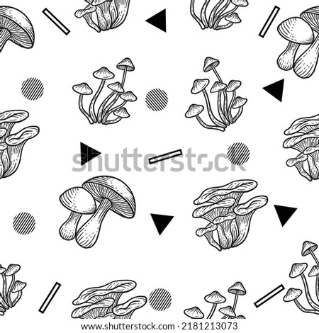 Black and White Set Mushroom Healthy Food Engraved Hand Drawn Random Black Object Outline illustration White Background.