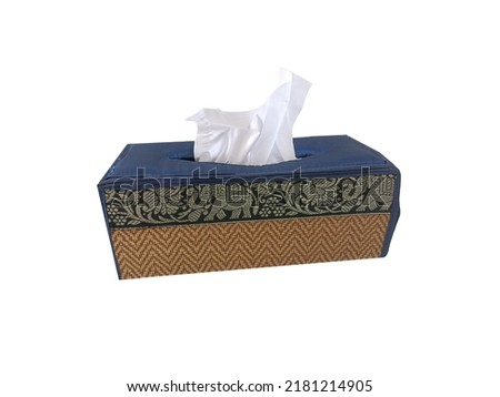Blue toilet paper box with Thai pattern on white background.