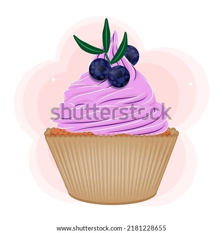 Cute cupcake isolated on white background, Delicious dessert decorated with blueberries, vector illustration.