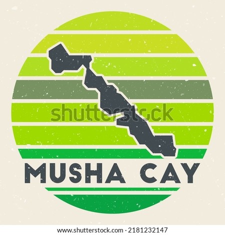 Musha Cay logo. Sign with the map of island and colored stripes, vector illustration. Can be used as insignia, logotype, label, sticker or badge of the Musha Cay.