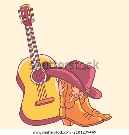 Country music with acoustic guitar and american cowboy boots and cowboy hat. Vector hand draw Country illustration 