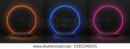 Set of realistic black 3D cylinder pedestal podium with red, pink, blue, yellow glowing light round circle neon scene. Abstract minimal scene. Mockup products, Stage showcase, Vector geometric forms.