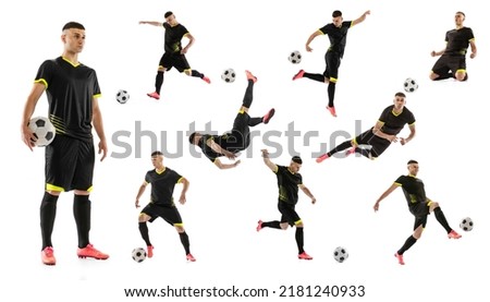 Sport movements. Set, collage made of shots of male professional soccer player with ball in motion, action isolated on white background. Attack, defense, fight, kick. Man in black football kit