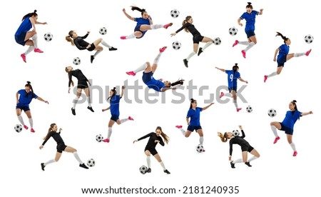 Women in sports. Set of dynamic images of female professional football soccer players with ball in motion, action isolated on white studio background. Sport, attack, defense, fight, kick. Championship