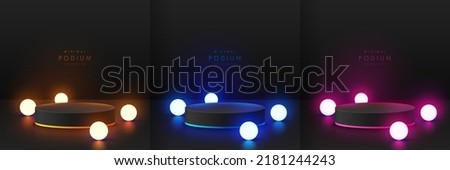 Set of realistic black 3D cylinder pedestal podium with red, pink, blue, yellow glowing sphere balls neon lamps. Abstract minimal wall scene. Mockup products, Stage showcase, Vector geometric forms.