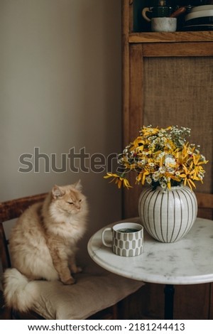 a cup of herbal tea and a striped ceramic vase with wild flowers on a round table. home comfort. daisies in a vase on a white marble table against a wooden sideboard