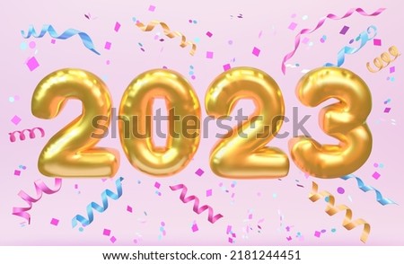 Happy new year 2023. Realistic golden foil balloons 3D. Numbers with confetti on pink background. Vector illustration for selling poster, banner ads, shopping bag, gift box, birthday, anniversary.