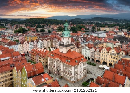 Beautiful architecture of the Town Hall Square in Jelenia Gora at sunset, Poland Royalty-Free Stock Photo #2181252121