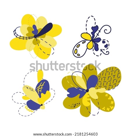 Set of abstract fantasy flowers blue and yellow color. Isolated vector image.